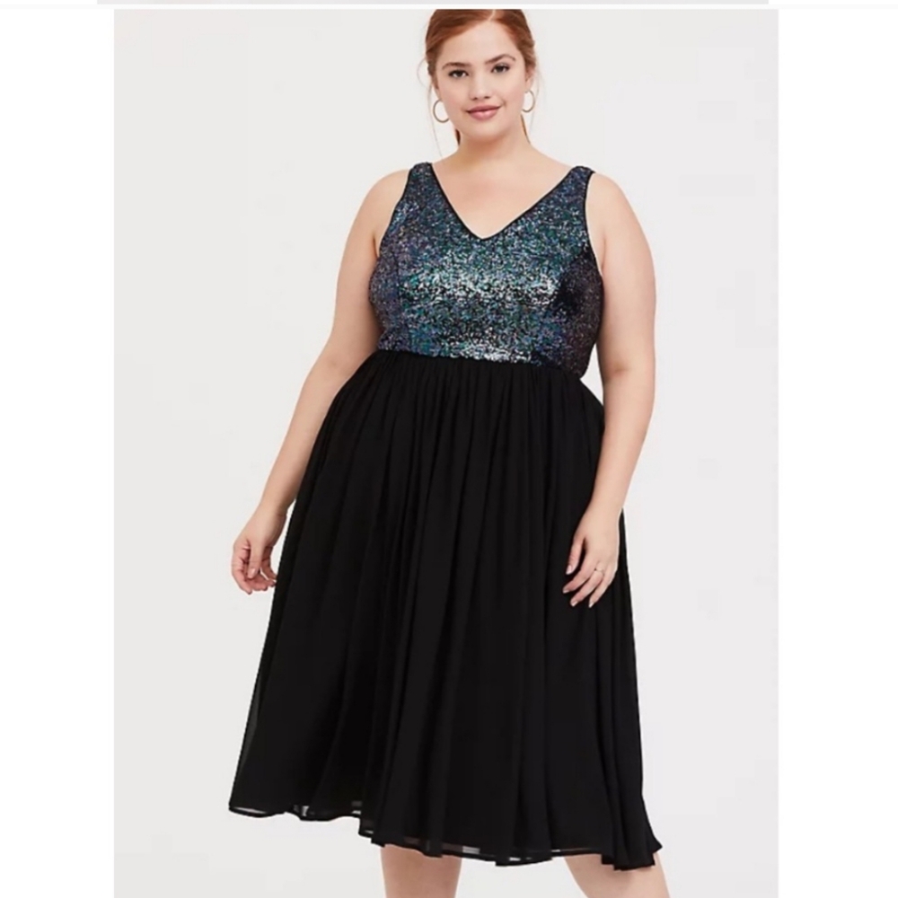 Black Sequin Chiffon Skater Midi Dress_